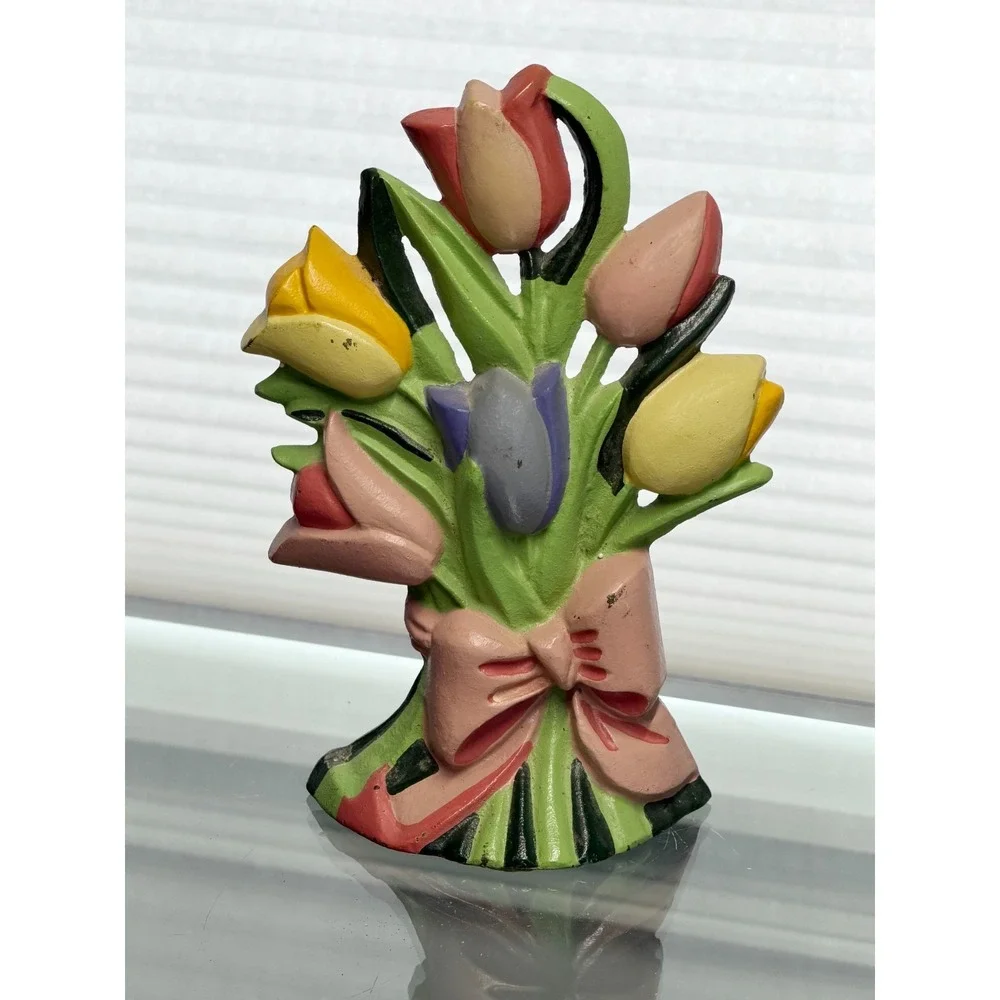 Vintage Cast Iron Door Stop Tulip Bouquet Flowers Mom Gift Country Décor 9